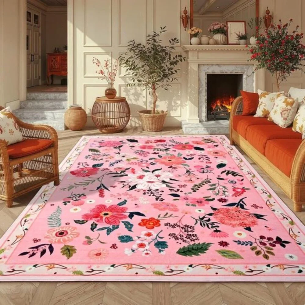 New 5x7 Pink Floral Rug, Washable, Non-Slip Carpet for Girls’ Bedroom & Playroom